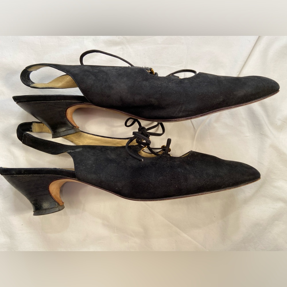Saks Fifth Ave Vintage FENTON LAST Black Suede Sling Back Lace Up Shoes Size 10‎
